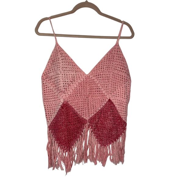 Handmade Pink Crochet Open Knit Fringe Hem Boho Festival Tank Top Size XS - Picture 4 of 5